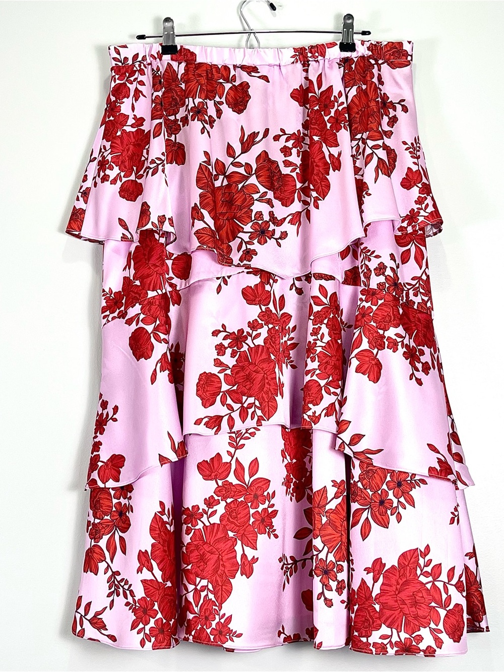 ML MONIQUE LHUILLER Pink Red Floral Tiered Ruffle Satin Skirt Lined Size 12